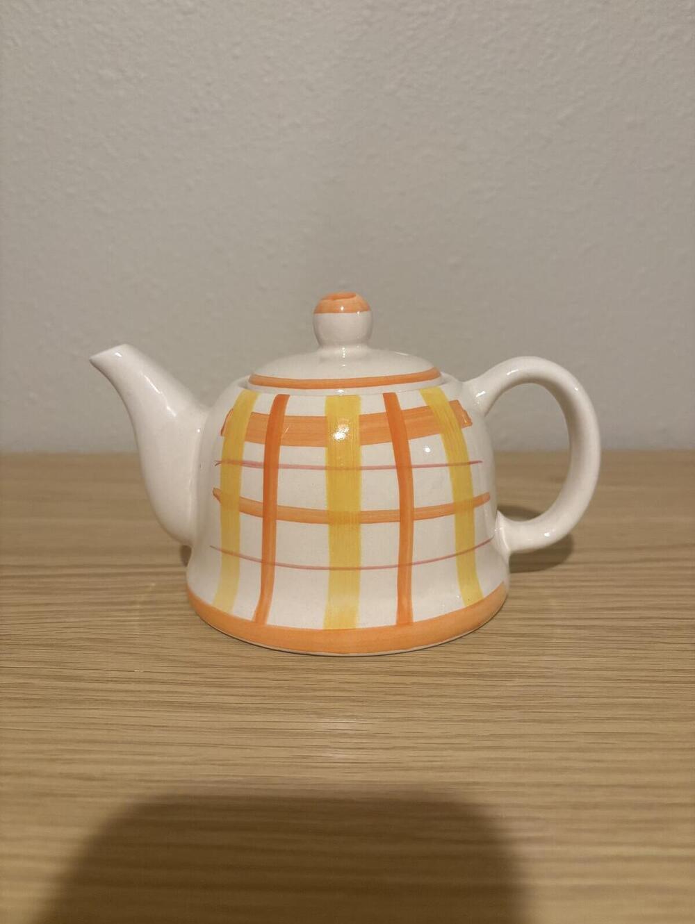 Vintage Ceramic Teapot Orange & Yellow Plaid Small Decorative Tea Pot